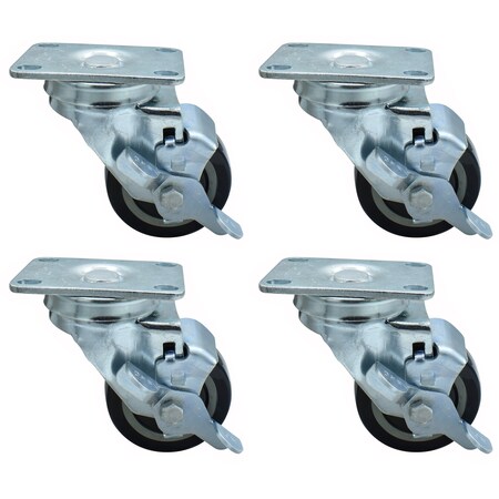 Bk Resources 3-inch Plate Casters, Polyurethane Wheels, Top Lock Brake, 300lb Capacity, 4PK 3SBR-1PT-PLY-PS4